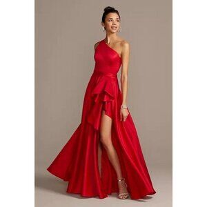 David's Bridal One-Shoulder Red Satin High-Low Gown